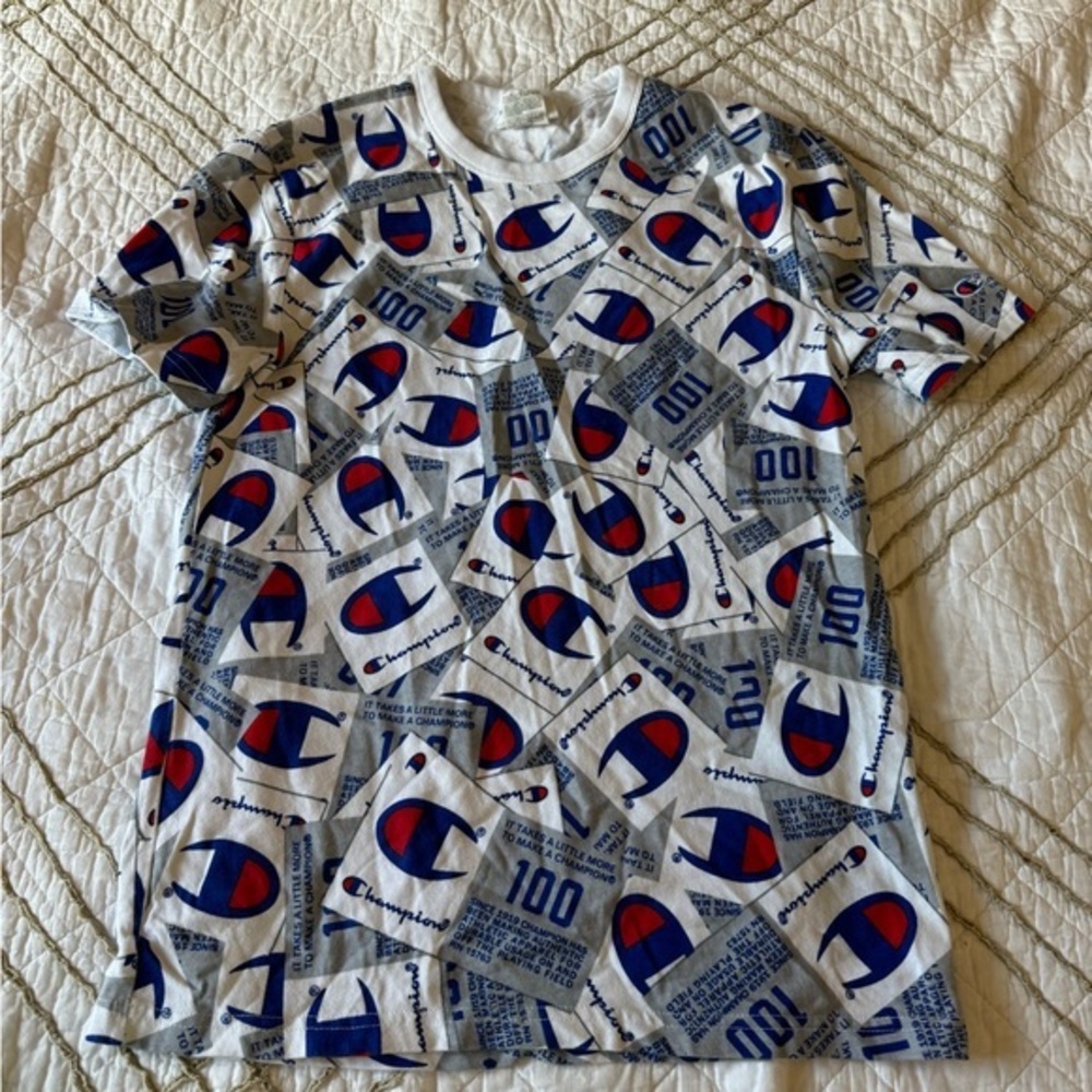 Vintage‎ Champion 100 All Over Print Graphic T Shirt size S Small - RARE